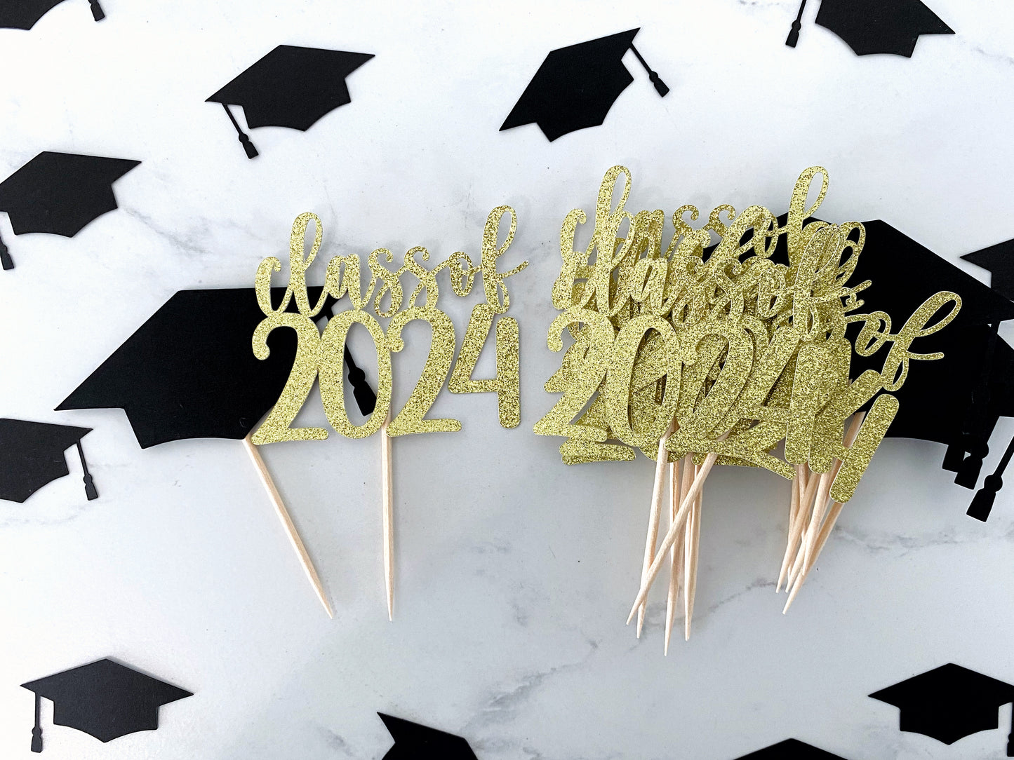 Graduation Cupcake Toppers - Class of 2024 and Grad Caps